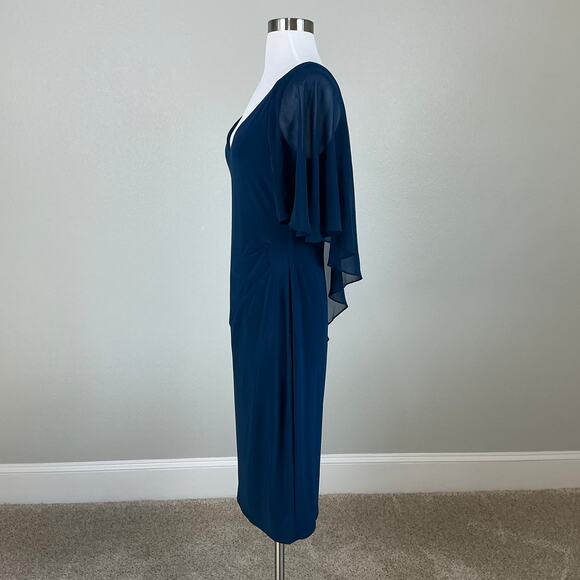 Ralph Lauren Ruffled Beaded Midi Sheath Cocktail Dress Blue Size 8 Draped V-Neck - Picture 3 of 13